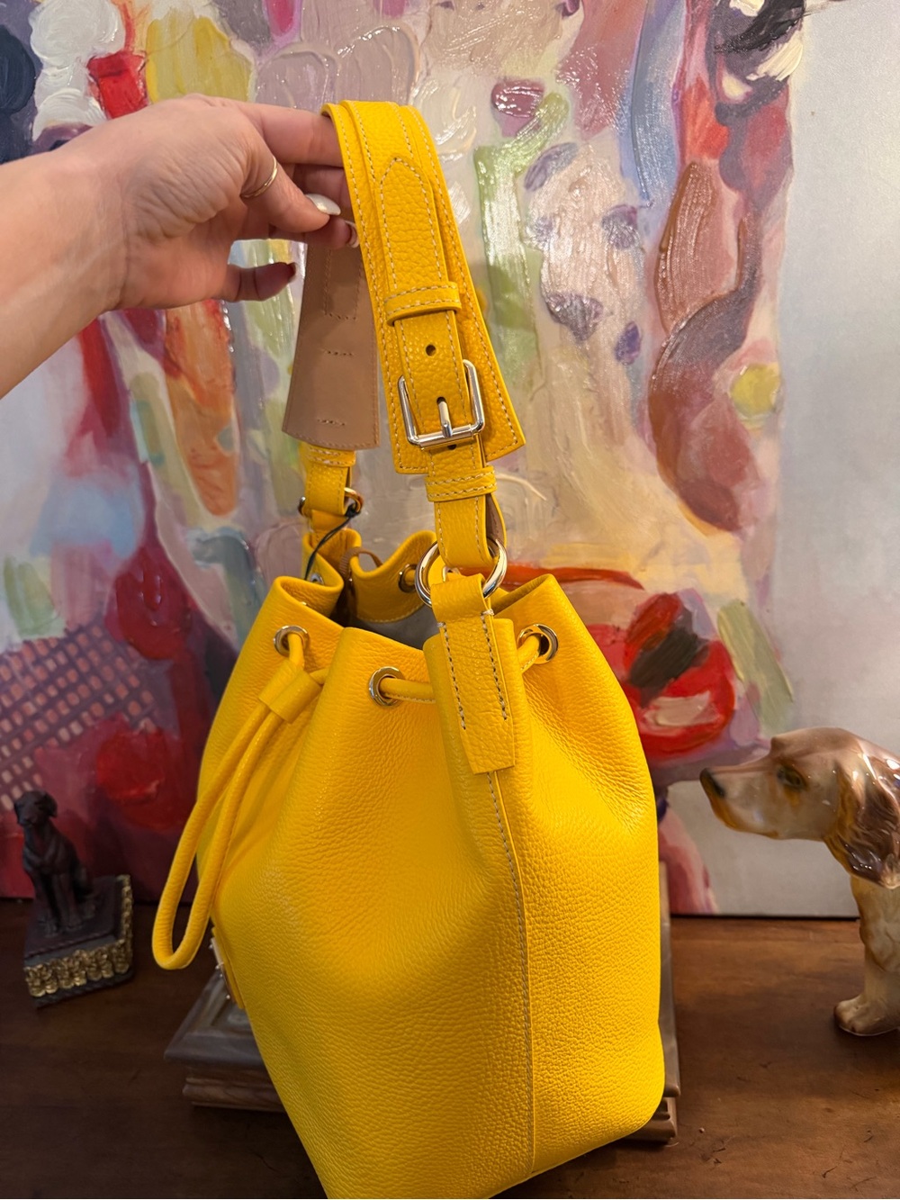NWT Dooney & Bourne Yellow Leather Drawstring Bucket/Hobo Bag - Picture 3 of 7